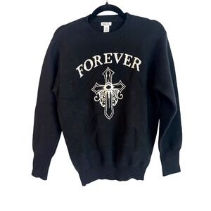 Rue 21 Women's Black Forever Cross Graphic Long Sleeve Sweater Goth Edgy XS